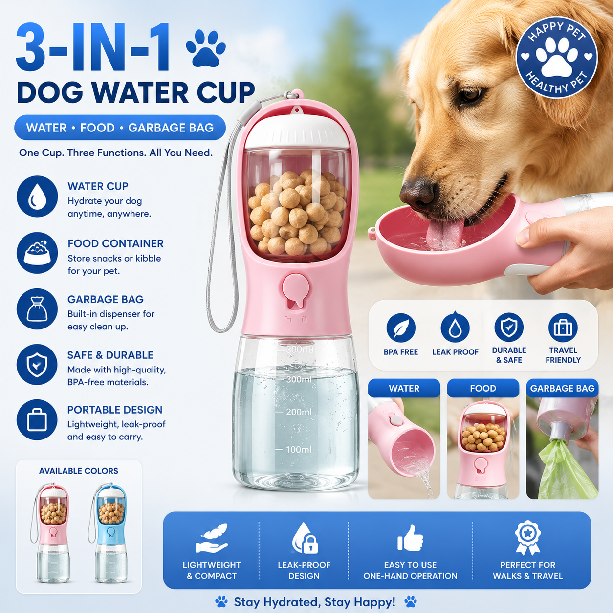 Pet Water Bottle with Food & Bag Holder